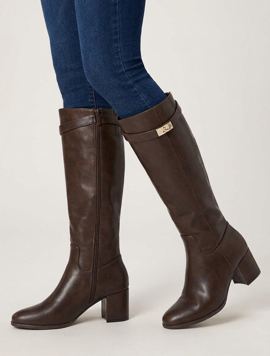 Kunstlederstiefel mit Absatz - Braun