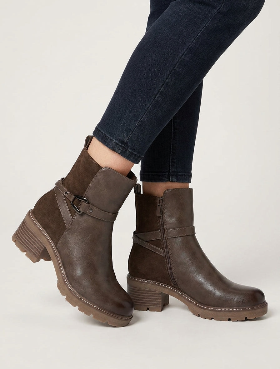 Einfarbige Stiefeletten aus Kunstleder und Wildlederimitat - Dunkelmaulwurf