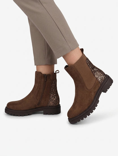 Stiefeletten aus Veloursleder mit glitzerndem Fersenbesatz - Braun