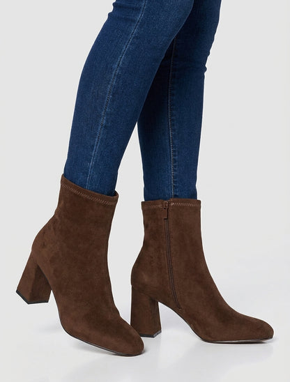 Stiefeletten aus Wildlederimitat mit Blockabsatz - Braun