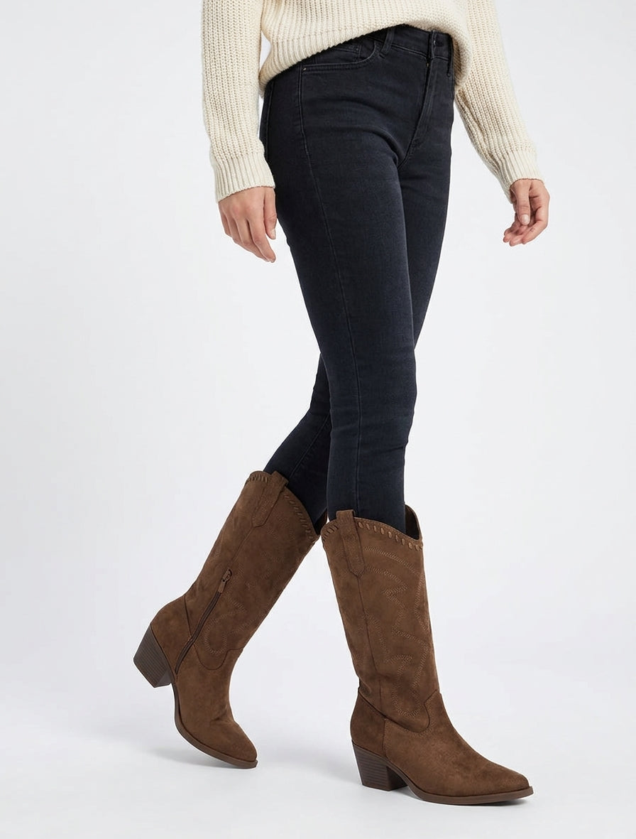 Wildleder-Cowboystiefel mit Ziernähten - Braun