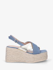 Sandales croisées bi-matière à talon compensé - Bleu denim - 1