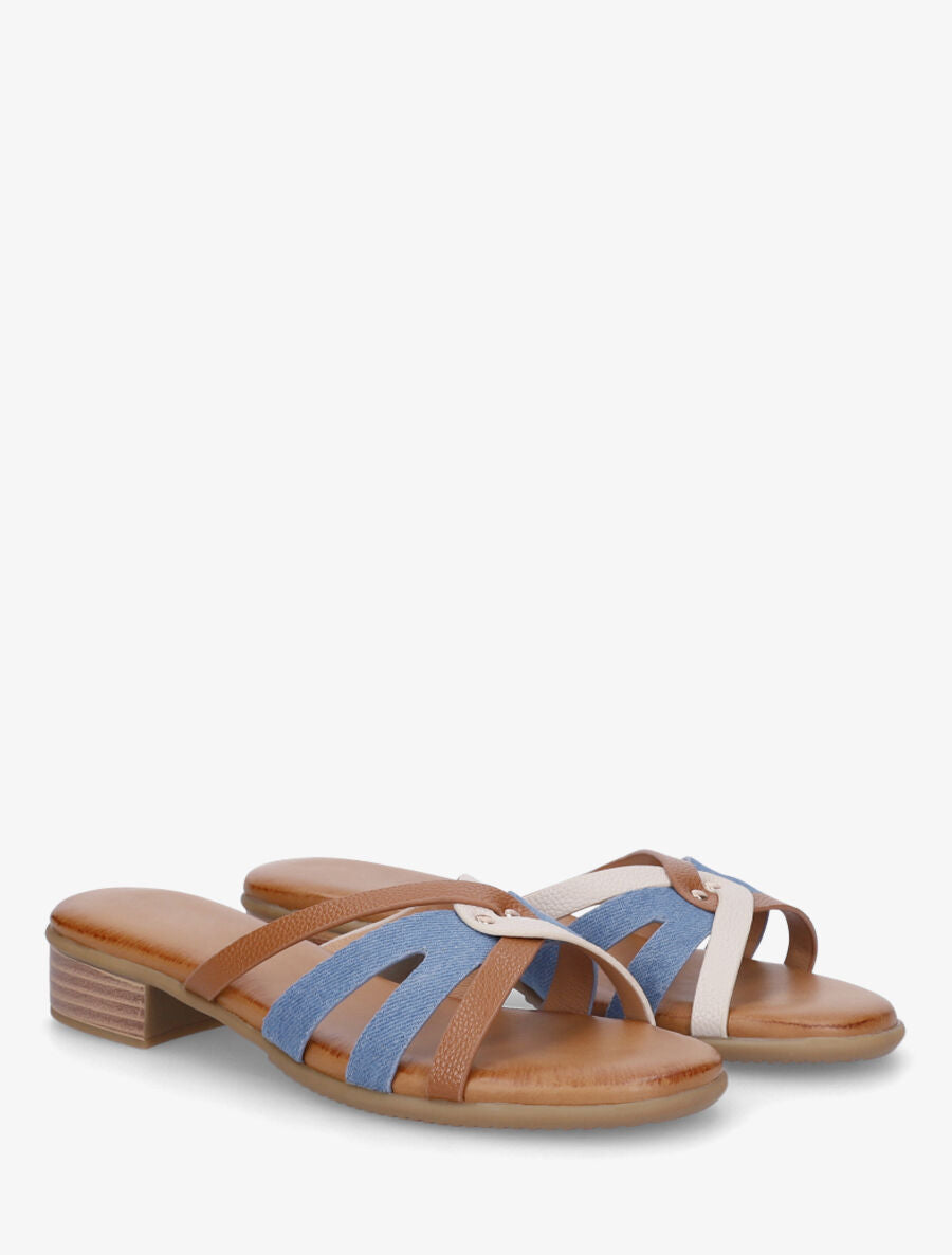 Mules plates torsadées en simili et tissu - Bleu denim - 4
