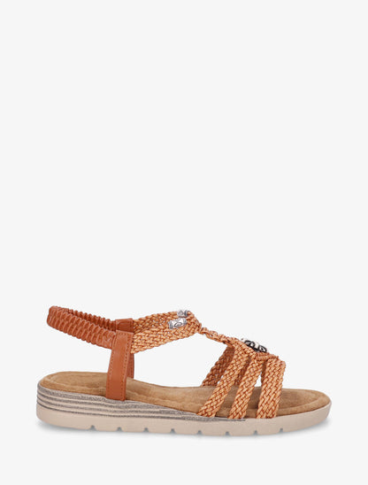 Nu-pieds tressés à bijou fleur - Camel - 1