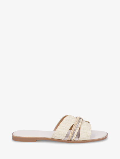 Mules plates à bride style noeud à strass - Beige - 5