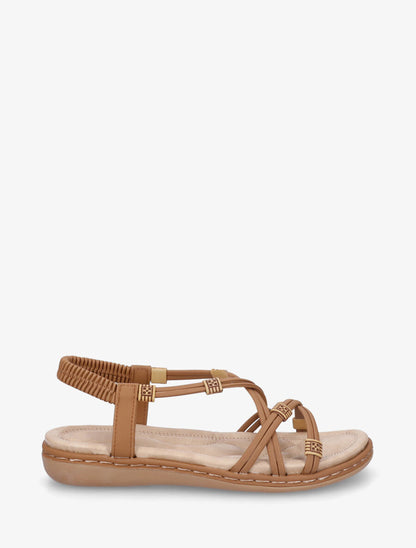 Nu-pieds à fines brides croisées et perles - Camel - 5