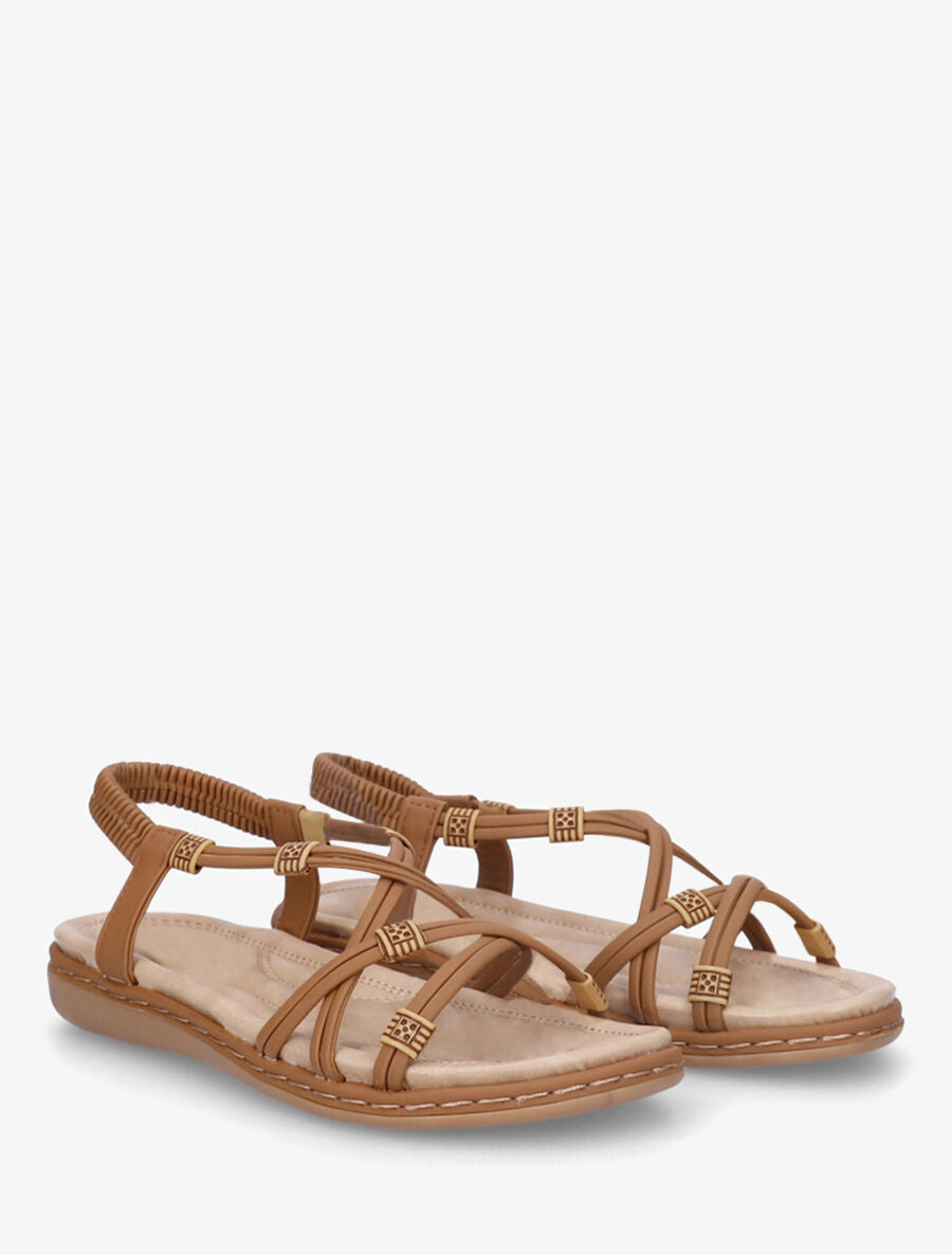 Nu-pieds à fines brides croisées et perles - Camel - 4