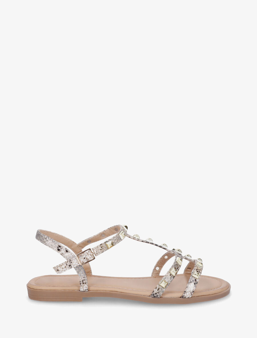 Nu-pieds plats cloutés imprimé python - Beige - 1
