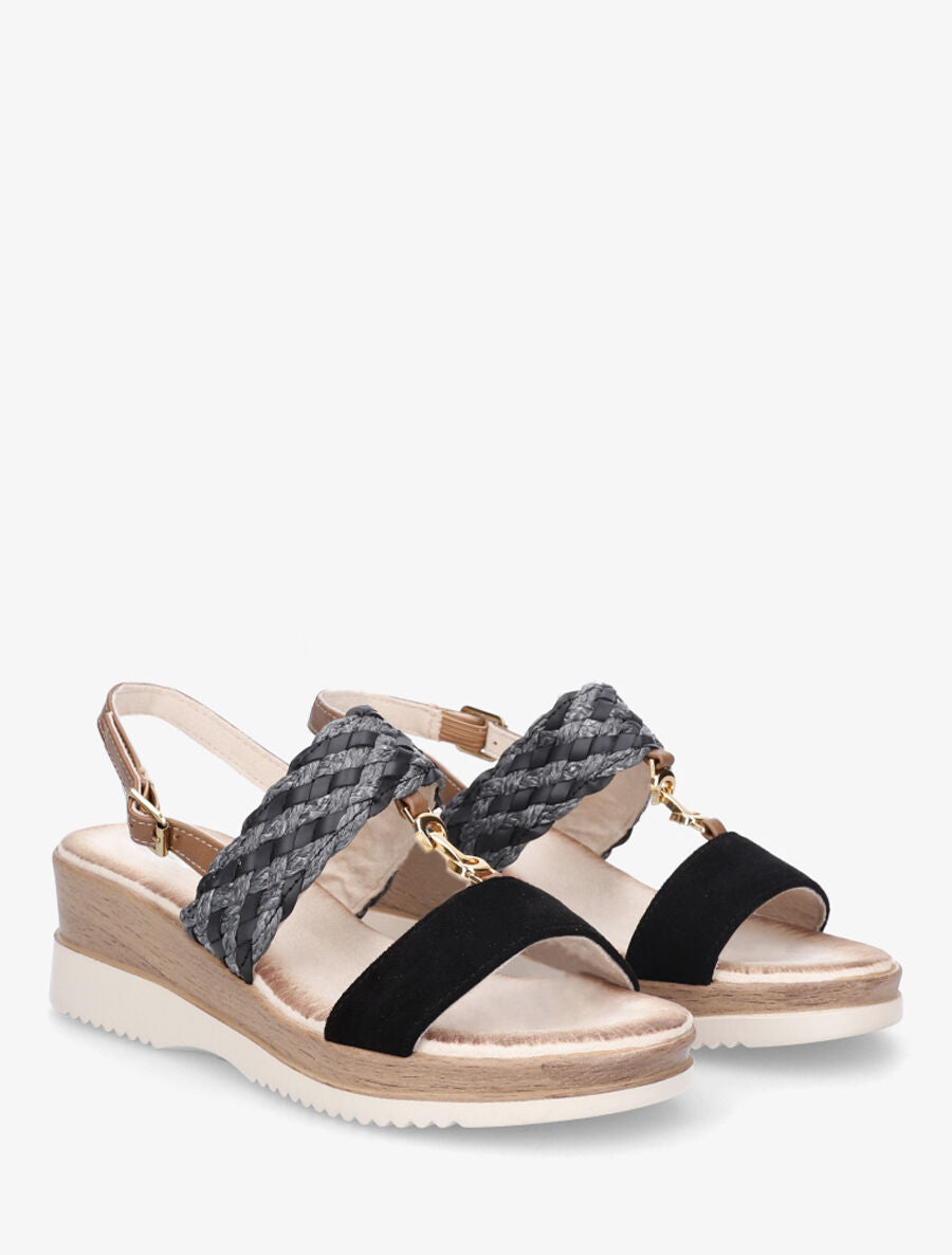 Sandales compensées à brides tissées et suédine - Noir - 4
