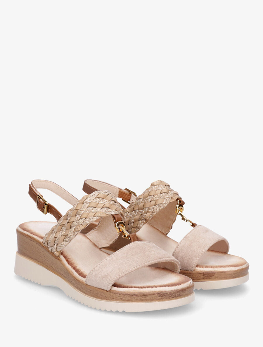 Sandales compensées à brides tissées et suédine - Beige - 4
