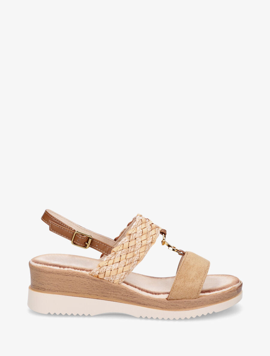 Sandales compensées à brides tissées et suédine - Camel - 1