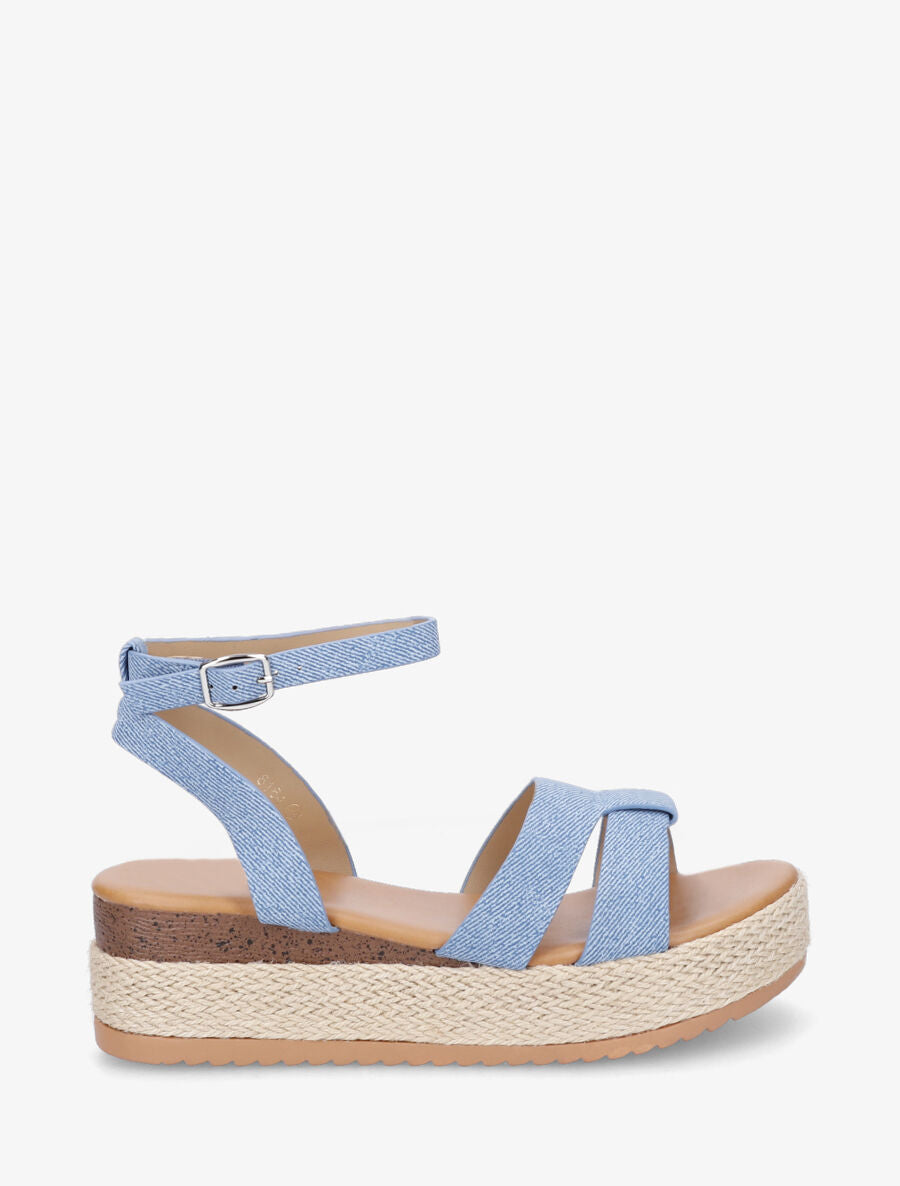 Sandales compensées mi-hautes en tissu - Bleu denim - 1