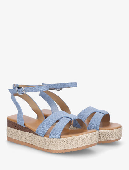 Sandales compensées mi-hautes en tissu - Bleu denim - 4