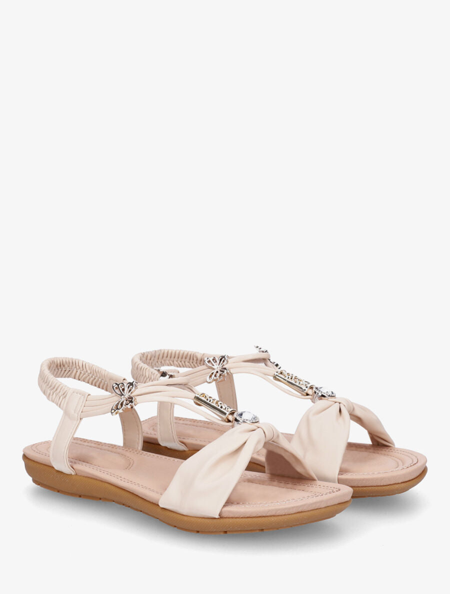 Nu-pieds bride à noeud et bijoux - Beige - 4