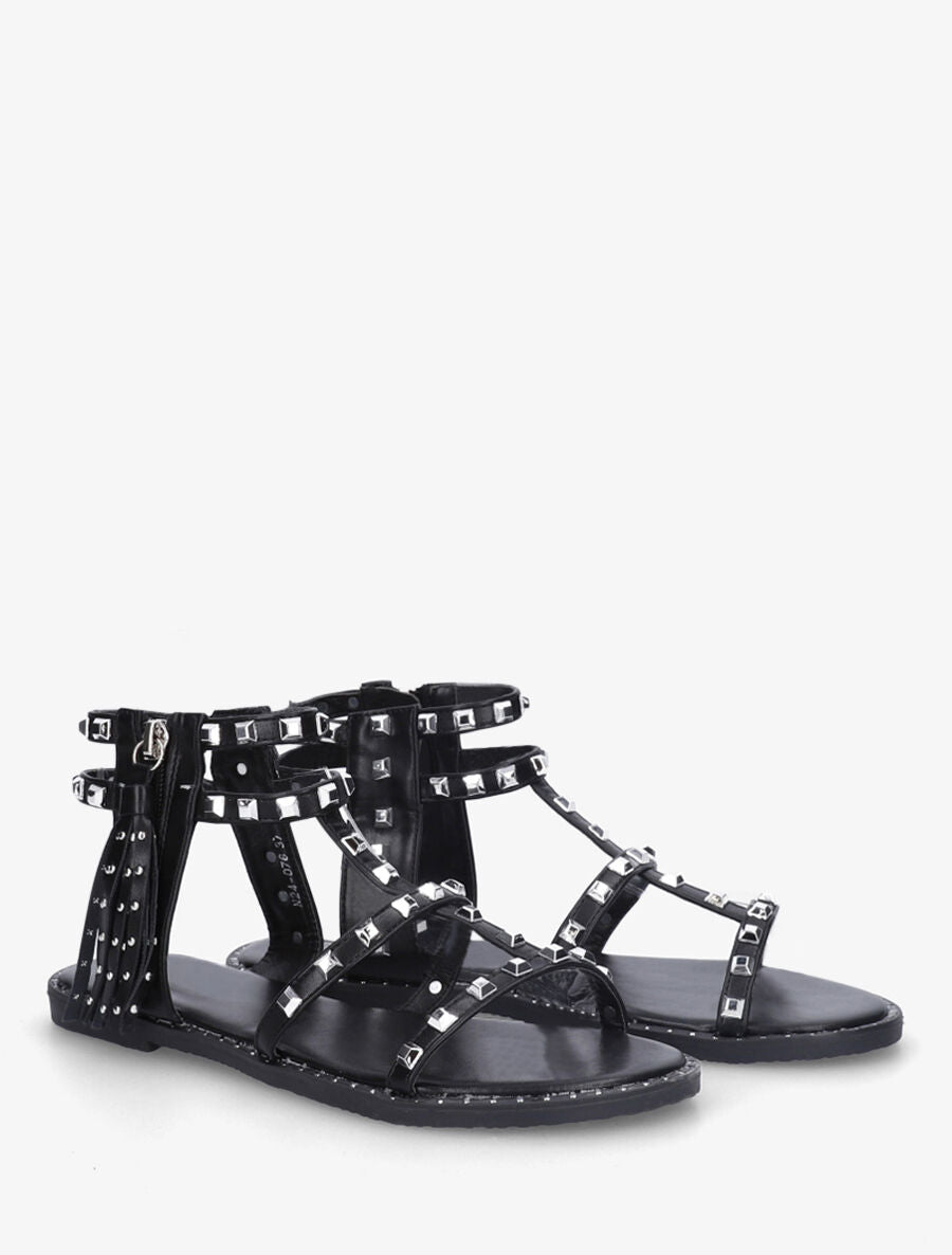 Nu-pieds montants à clous et franges - Noir - 4