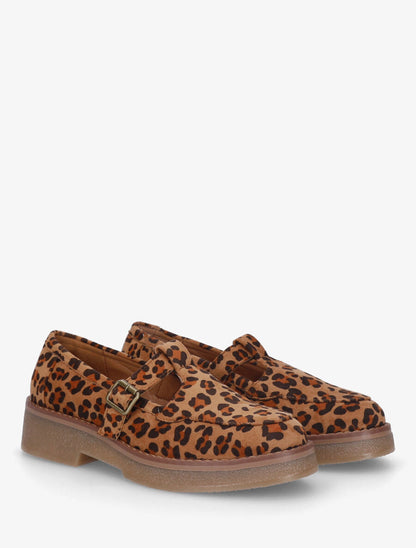 Mocassins en suédine imprimé léopard à boucle - Camel - 4