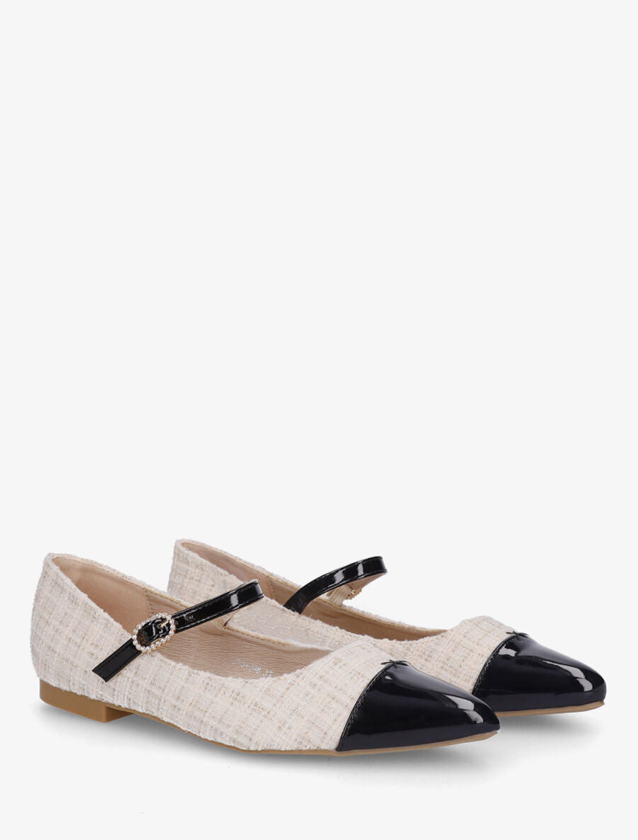 Ballerines en tissu à boucle strassée - Crème - 4