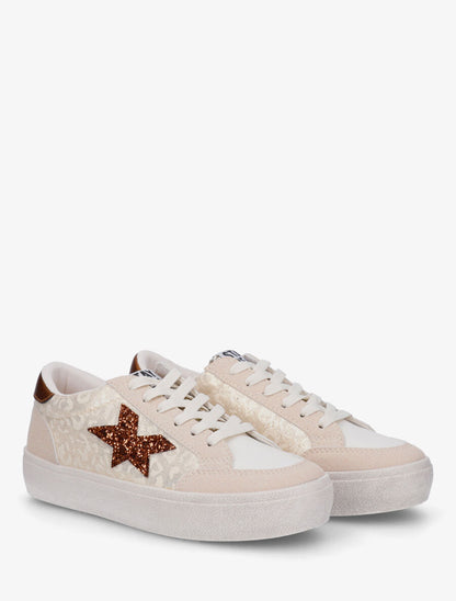Sneakers bimatière et étoile incrustée - Beige - 4