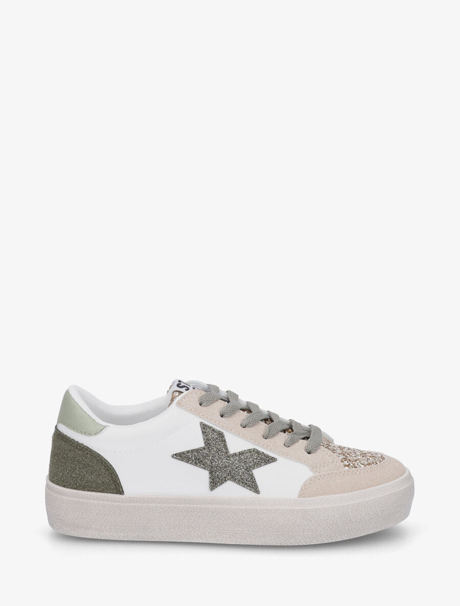 Sneakers bimatière et étoile incrustée - Kaki - 1