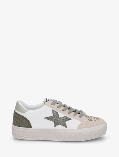 Sneakers bimatière et étoile incrustée - Kaki - 1