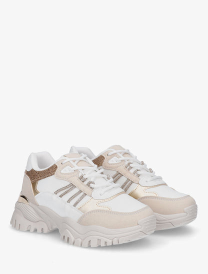Baskets en simili à détail stylisé et empiècement métal - Beige - 4
