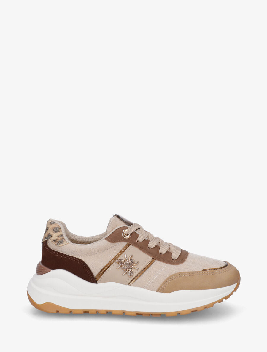Baskets bi-matière à détail bijou strassé - Camel - 5