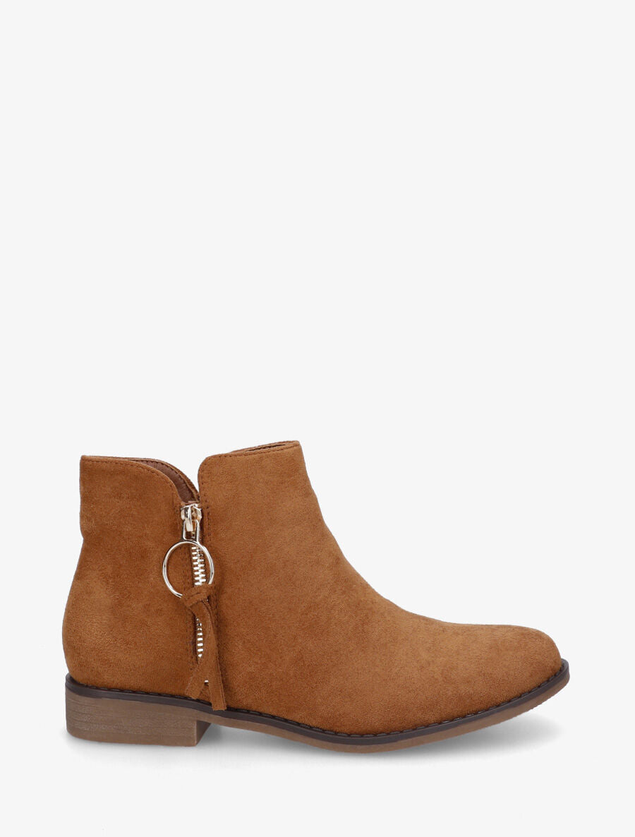 Bottines en suédine à zip décoratif - Camel - 1