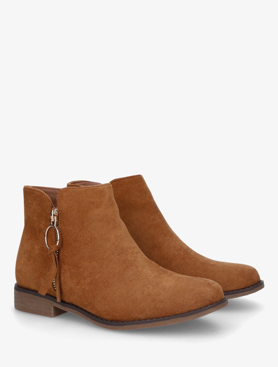 Bottines en suédine à zip décoratif - Camel - 4