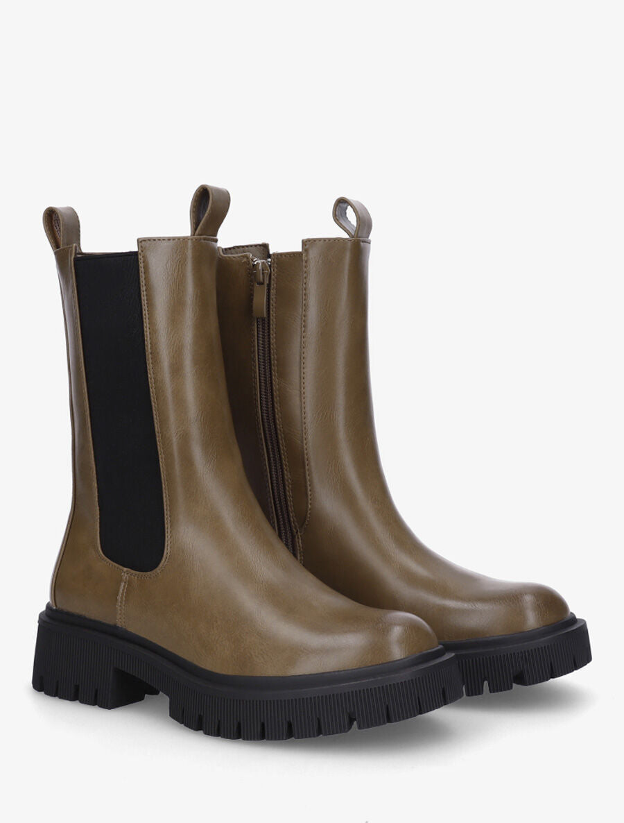 Bottines montantes élastiquées en simili - Kaki - 4