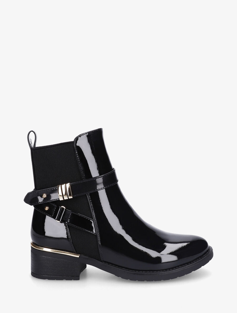 Bottines vernies en simili à boucles et empiècements métallisés - Noir - 1