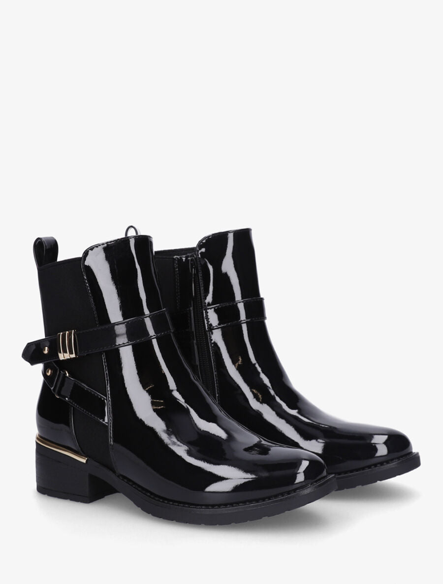Bottines vernies en simili à boucles et empiècements métallisés - Noir - 4