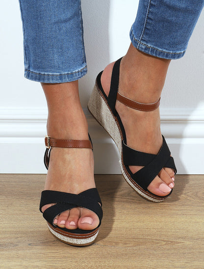 Sandales à brides croisées et semelle style osier - Noir - 1