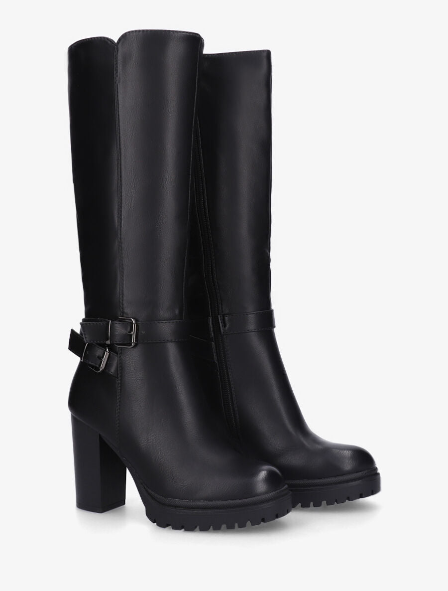 Bottes unies à talon haut et double sangles - Noir - 4