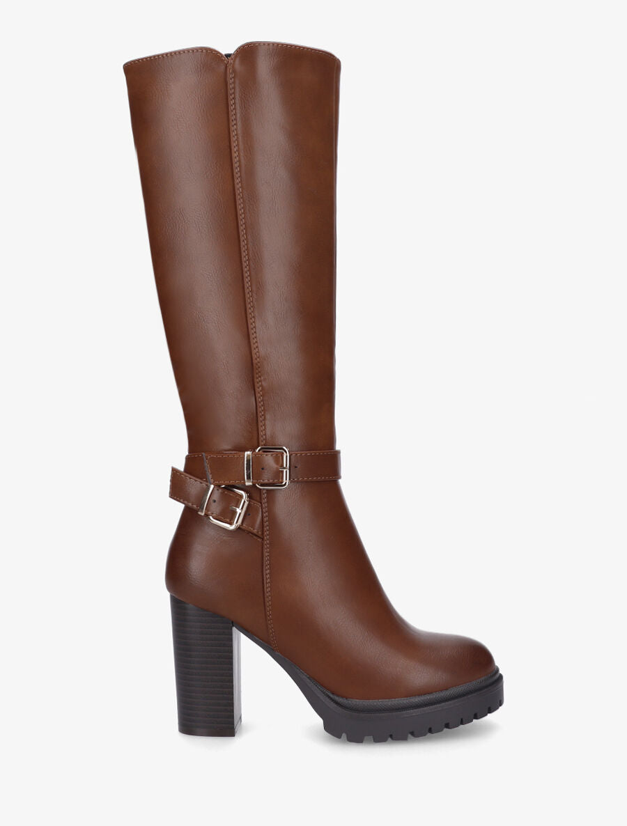 Bottes unies à talon haut et double sangles - Camel - 1