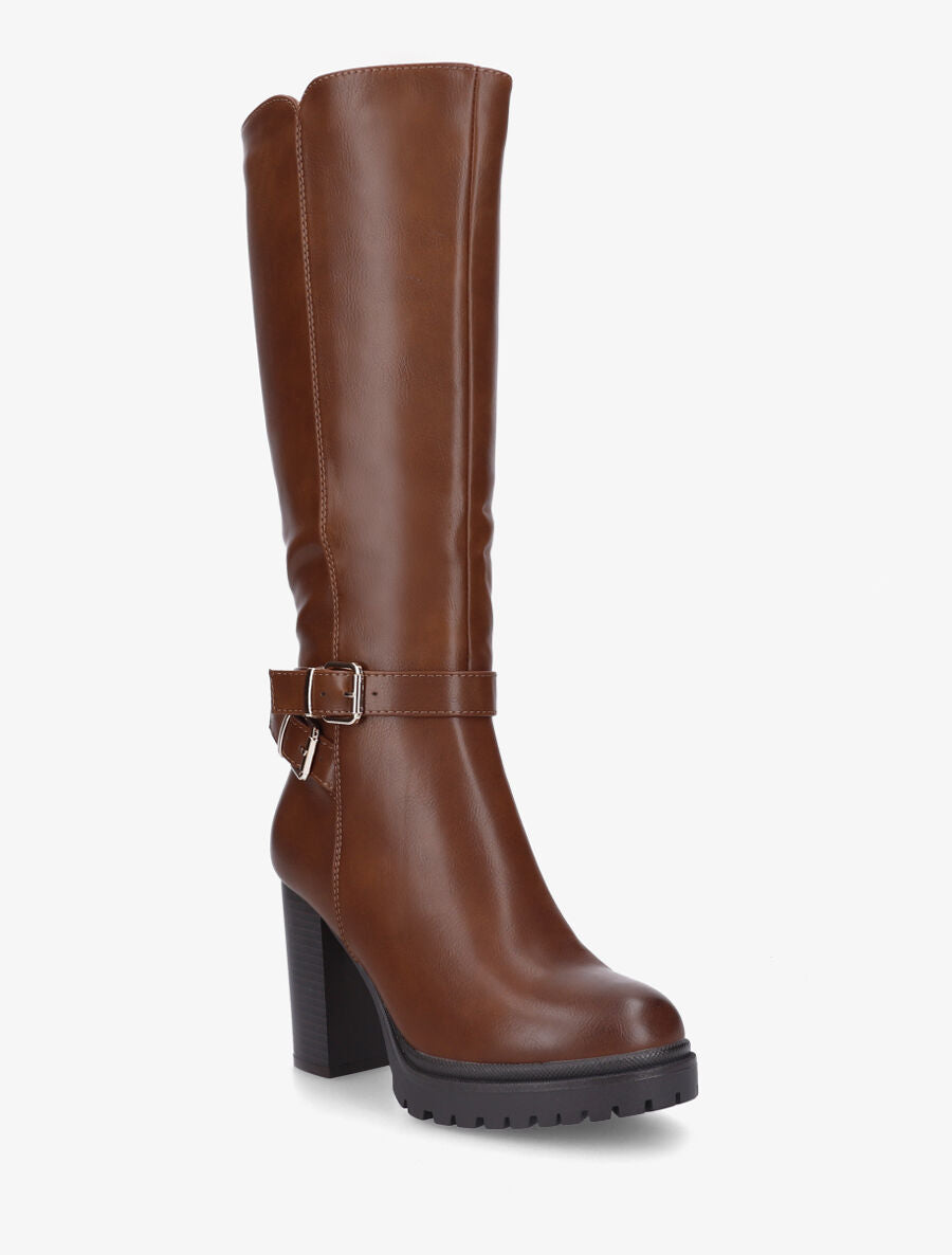 Bottes unies à talon haut et double sangles - Camel - 2