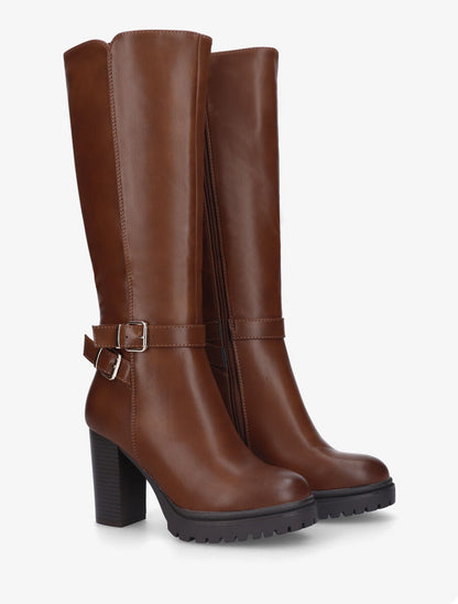 Bottes unies à talon haut et double sangles - Camel - 4