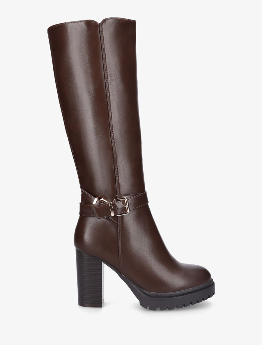 Bottes unies à talon haut et double sangles - Marron - 1
