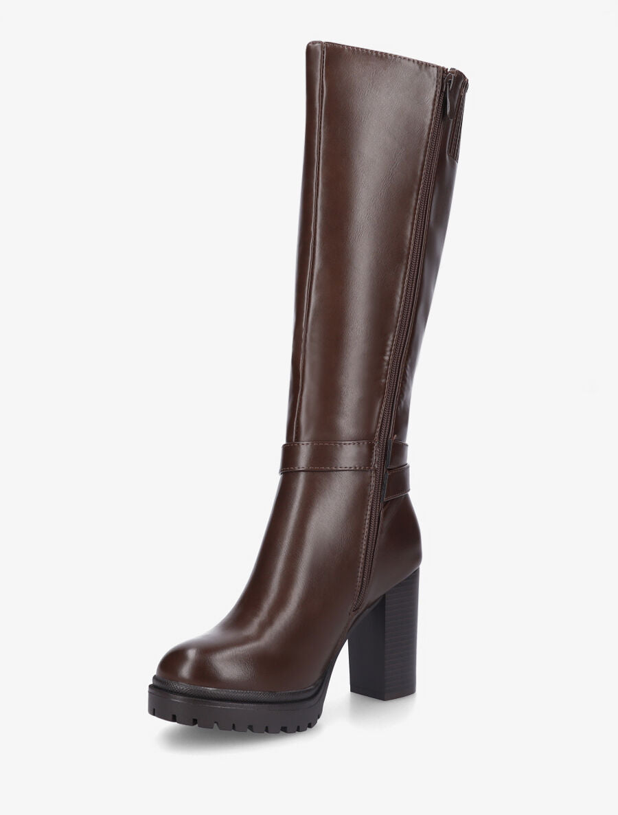 Bottes unies à talon haut et double sangles - Marron - 3