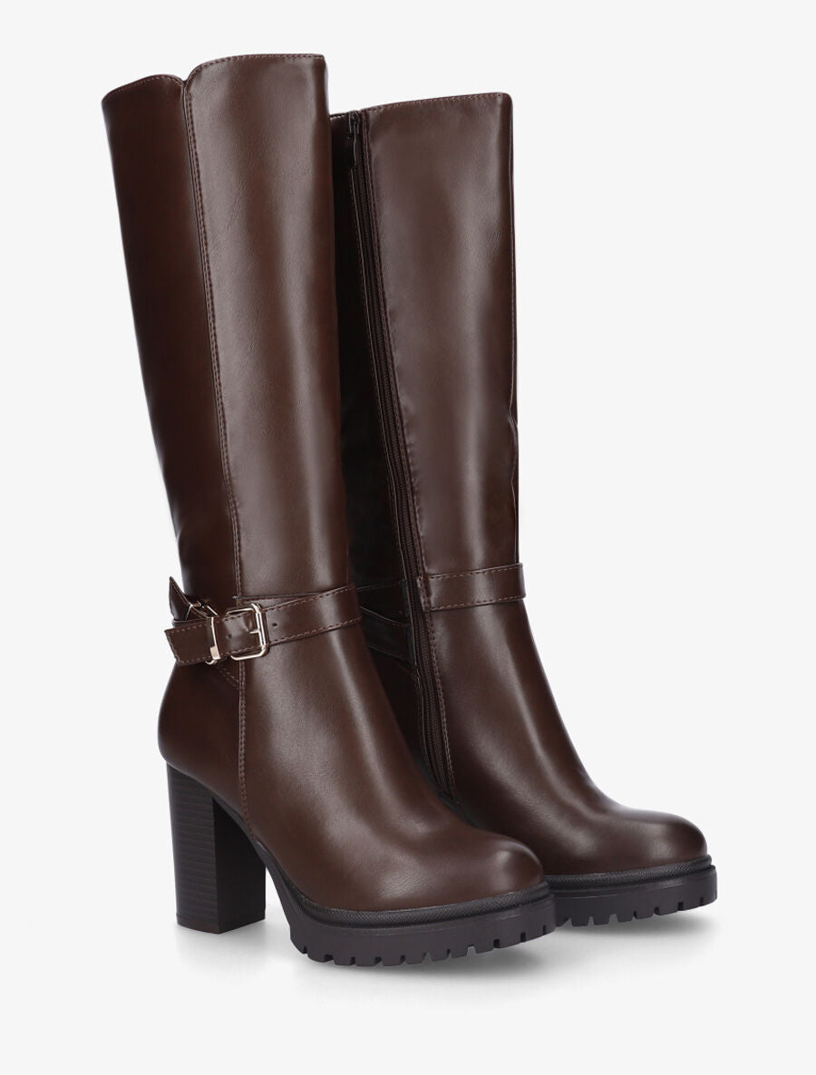 Bottes unies à talon haut et double sangles - Marron - 4