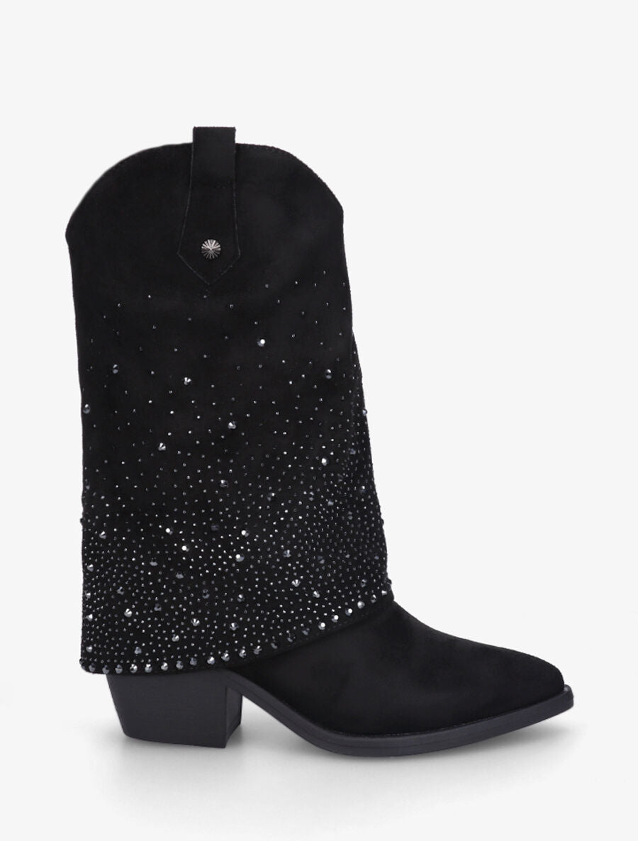 Bottines style santiags à revers strassé - Noir - 1