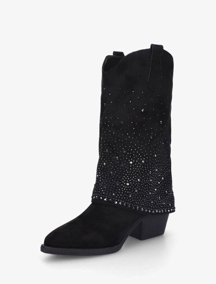 Bottines style santiags à revers strassé - Noir - 3