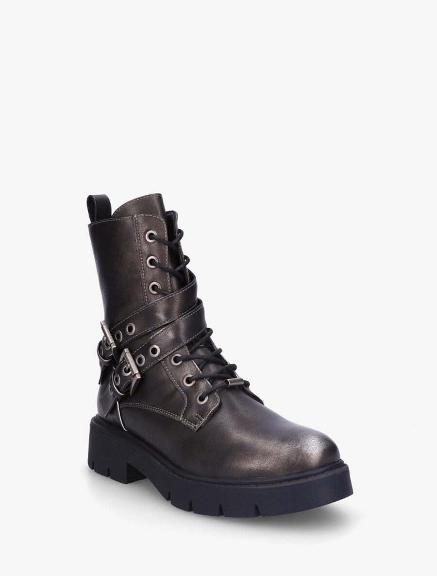 Bottines montantes en simili à double sangles - Anthracite - 2