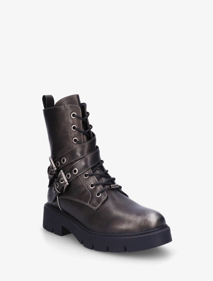 Bottines montantes en simili à double sangles - Anthracite - 2