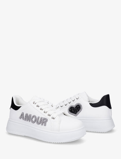 Sneakers en simili à flocage amour et coeur pailleté - Noir - 4