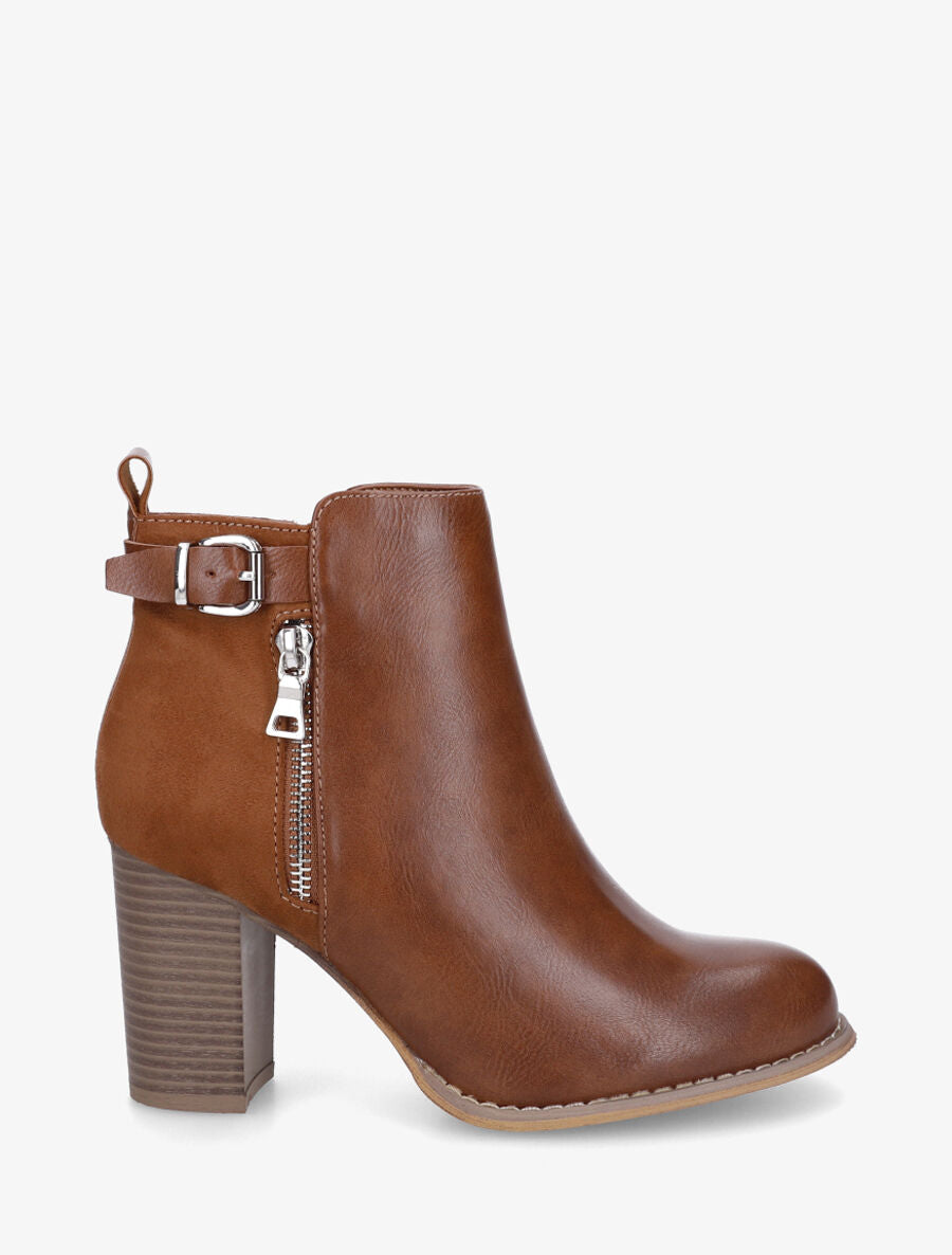 Bottines en simili et suédine à zip décoratif - Camel - 1