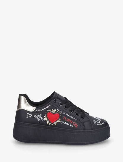 Sneakers à plateforme avec flocage et empiècement coeur - Noir - 5
