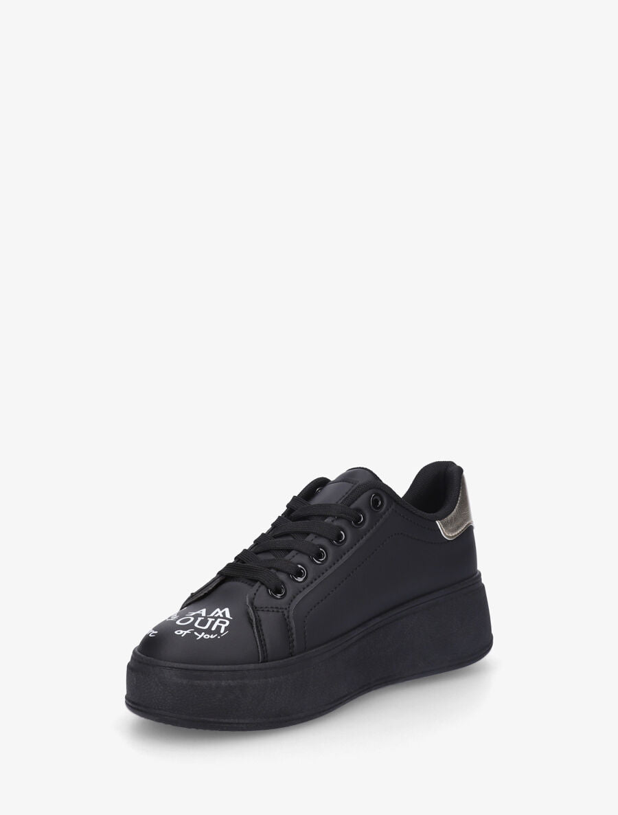 Sneakers à plateforme avec flocage et empiècement coeur - Noir - 3
