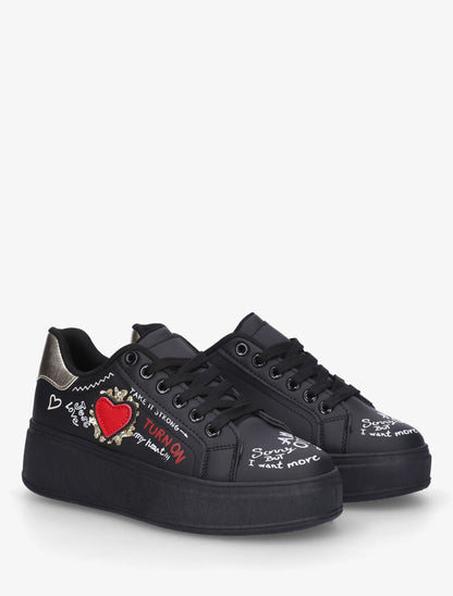Sneakers à plateforme avec flocage et empiècement coeur - Noir - 4