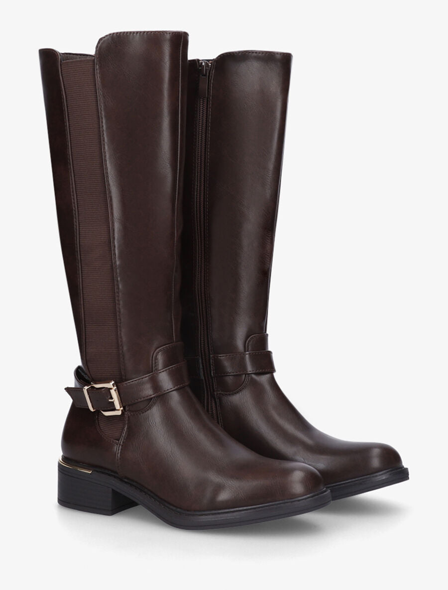 Bottes élastiquées en simili et sanglées - Marron - 4