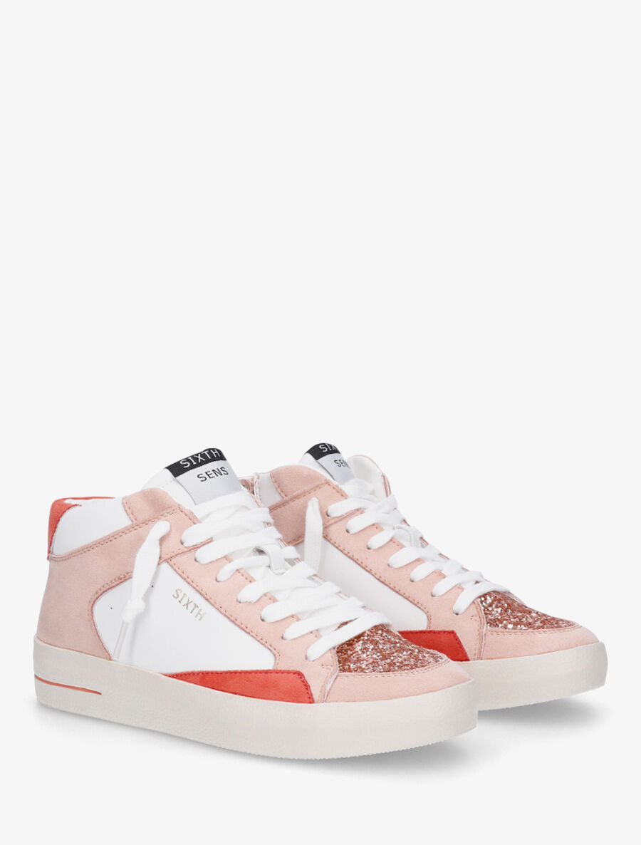 Sneakers montantes zippées à détail pailleté - Rose - 4